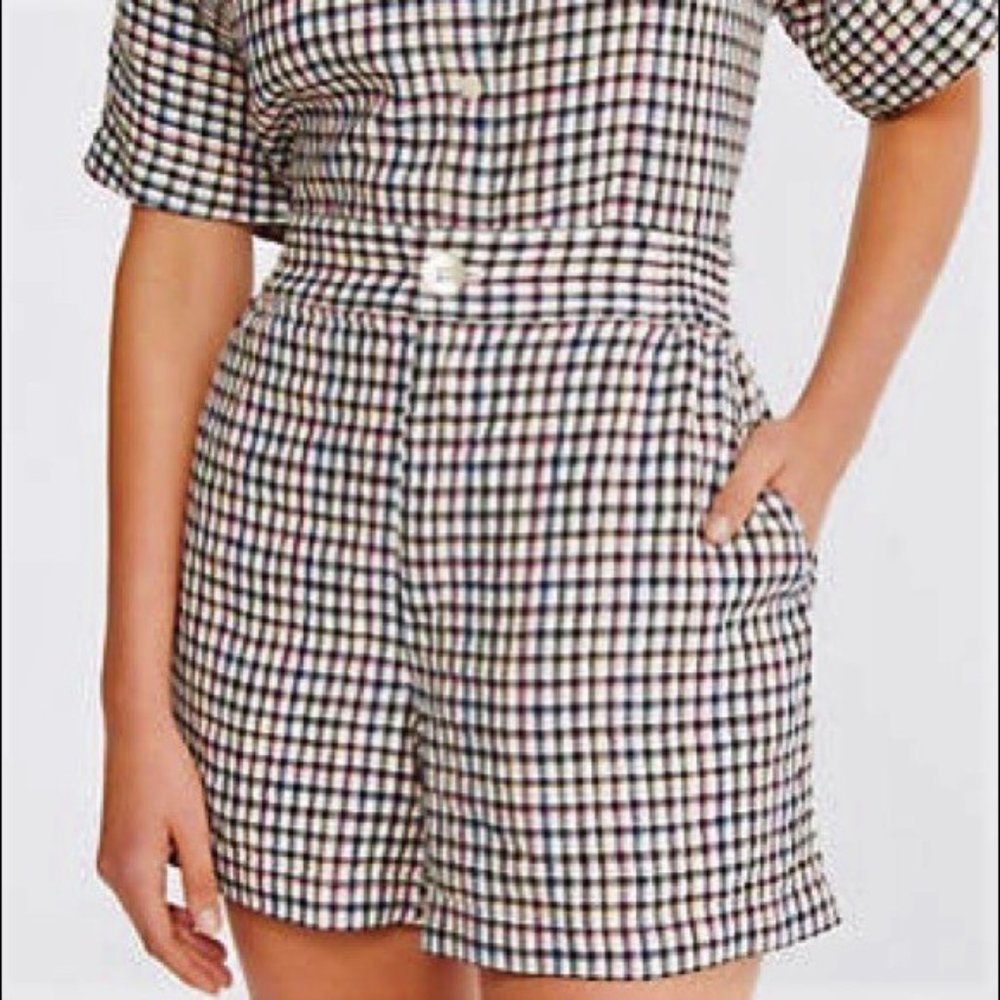 LiNeN Lou & Grey Shorts Rainbow Plaid High Waist Wide Pockets Zip Fly M